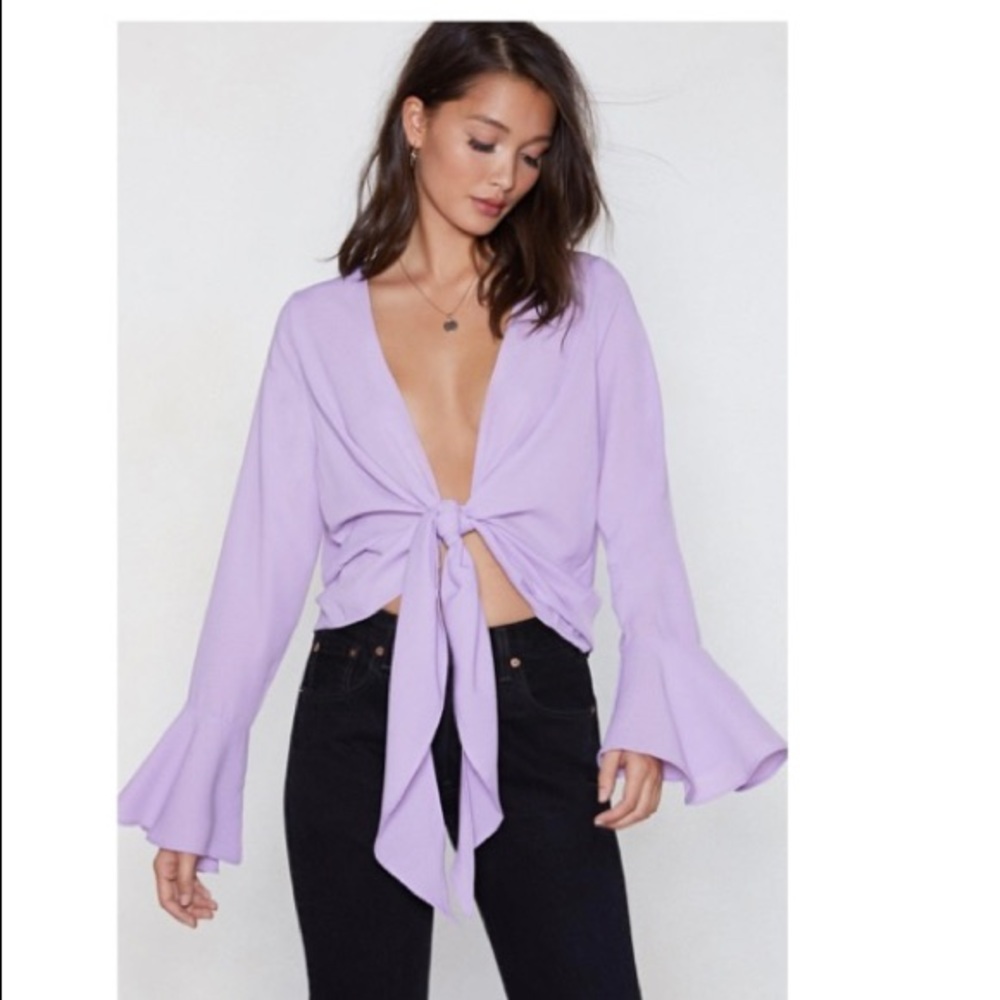 Lilac Bell Sleeved Tie-front Crop Top, Nasty Gal size 6